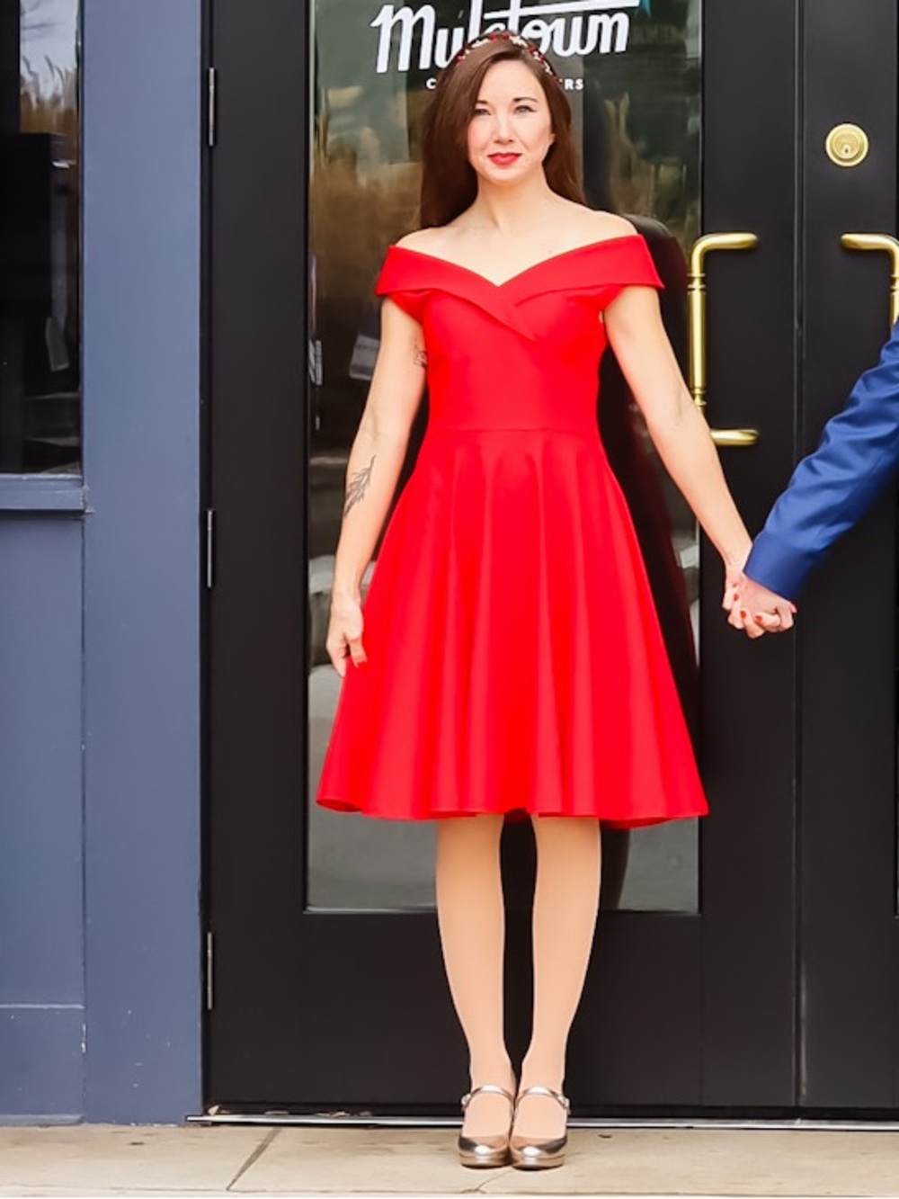 Off-Shoulder Red Midi Fit & Flare Dress